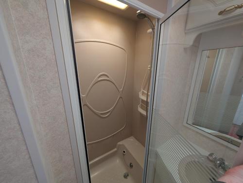a small bathroom with a shower and a glass door at 25 Chestnut Grove in Kirkcolm