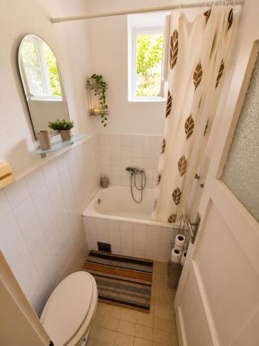 a bathroom with a tub and a toilet and a sink at Apartman Mediteran in Herceg-Novi