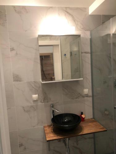 a bathroom with a sink and a mirror at Tayfun-Living in Vienna