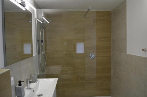 ein Badezimmer mit Dusche, Waschbecken und Spiegel in der Unterkunft Al Canto in Rota d'Imagna