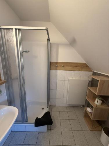 a bathroom with a shower and a sink at Gaststätte Bongsiel 'Dat Swarte Peerd' in Ockholm