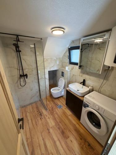 a small bathroom with a toilet and a sink at Stone Throne Retreat in Drušići