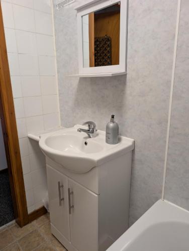 a bathroom with a sink and a mirror at Scoor House - Cruachan in Bunessan