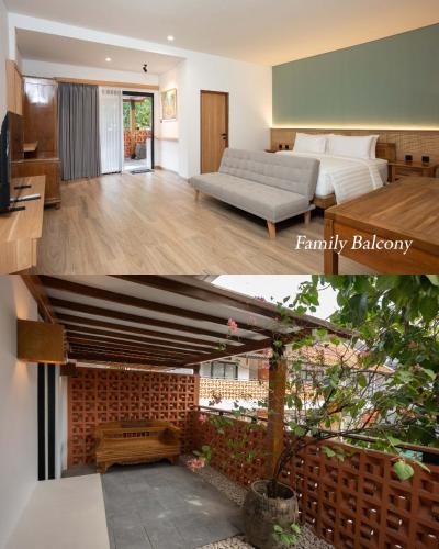 two pictures of a living room with a couch and a living room with at Griya Yunika in Yogyakarta