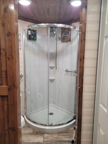 a shower with a glass door in a bathroom at The Tiny House at Deer Holler in Sugar Tree