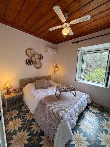 a bedroom with a bed and a ceiling fan at Anezo's Exceptional View in Spetses