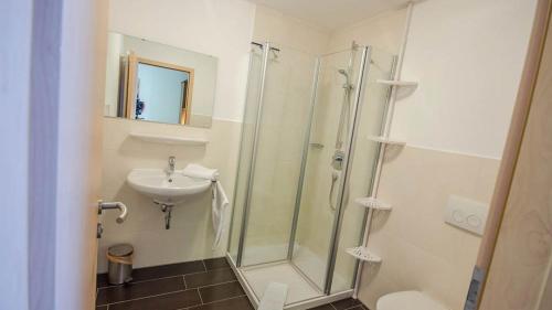a bathroom with a shower and a sink at Zum Hopfenbauer in Rudelzhausen