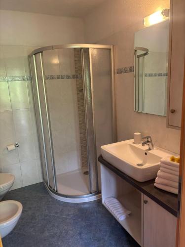 a bathroom with a shower and a sink and a toilet at Appartamenti Chantal in San Martino in Badia