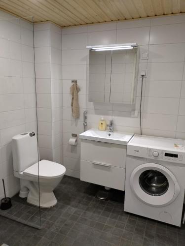 a bathroom with a toilet and a washing machine at Foliate Living Varpu in Jyväskylä