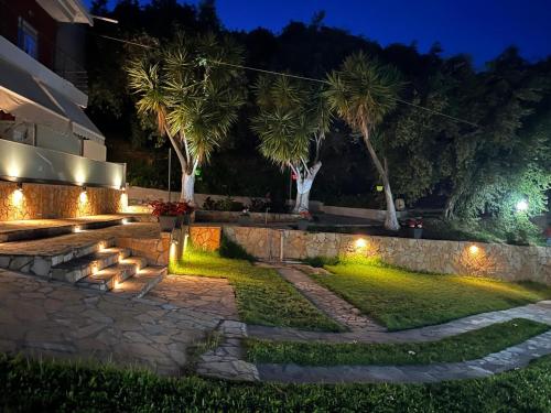a garden with palm trees and lights at night at Spiros Rooms in Kastrosikia