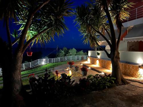 a night view of a patio with palm trees and lights at Spiros Rooms in Kastrosikia