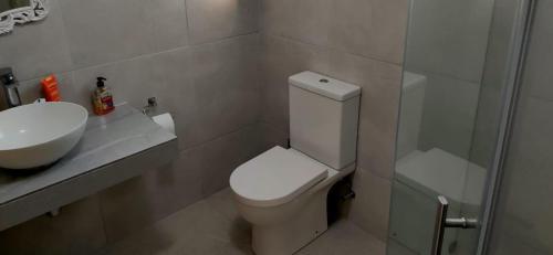 a bathroom with a toilet and a sink at Korah house in Saint Philip