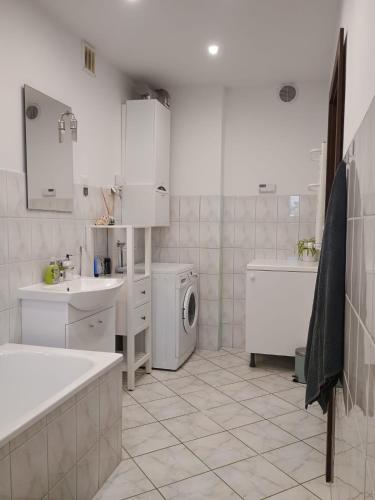 a white bathroom with a sink and a washing machine at Studio Szczawienko 2 in Wałbrzych