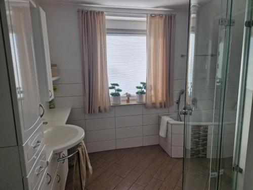 ein Badezimmer mit Waschbecken und Dusche in der Unterkunft FeWo Hofmann in Schwanewede