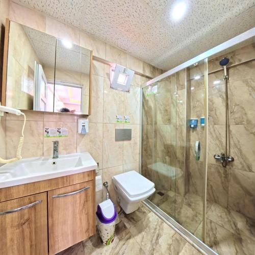 een badkamer met een douche, een toilet en een wastafel bij Alida Hotel Pamukkale in Pamukkale