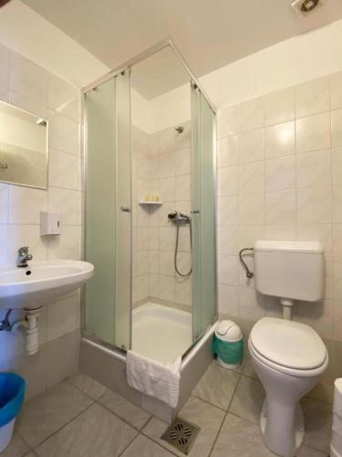 a bathroom with a shower and a toilet and a sink at Franc Llagami - Rooms in Vecsés