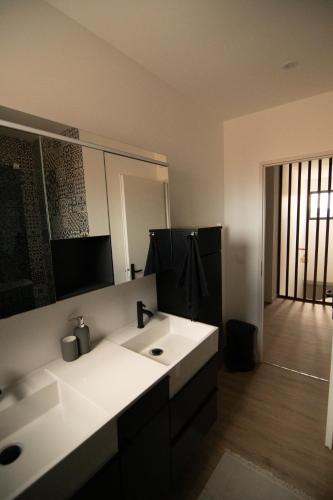 a bathroom with a sink and a large mirror at Villa au calme avec piscine privée - Lac de Jouarres in Olonzac