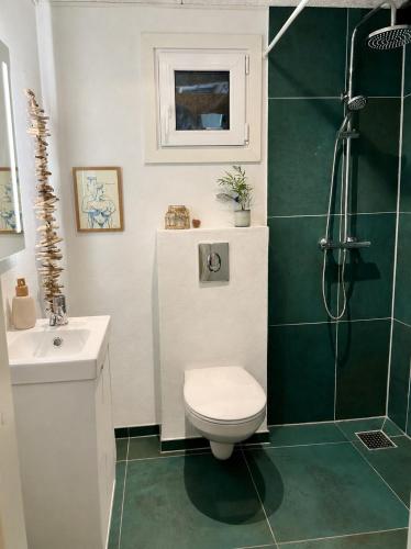 a bathroom with a shower and a toilet and a sink at Hulen - Ro & Natur in Bindslev