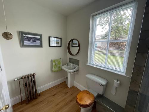 a bathroom with a toilet and a sink and a window at Crossing Gates House in Dundrum