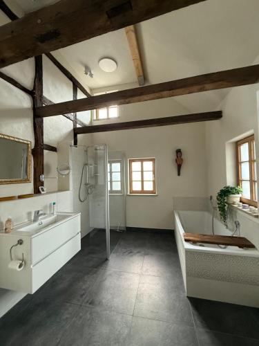 a large bathroom with a sink and a shower at Fachwerk Anno 1789 in Lemgo