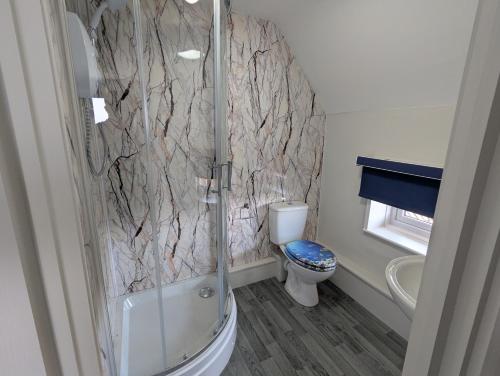 a bathroom with a shower and a toilet at Bar 21 in Hunstanton