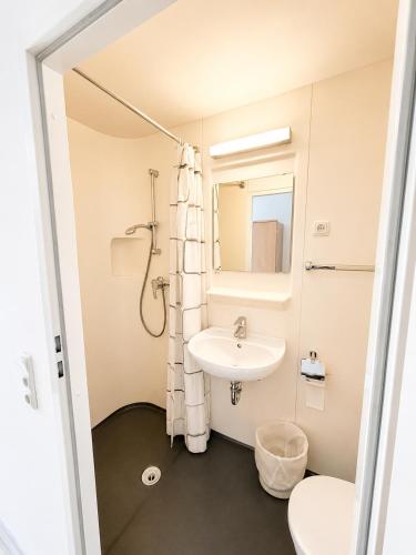 a bathroom with a sink and a toilet and a mirror at Hindenburg-Dependance Hotel Krone in Bad Gastein