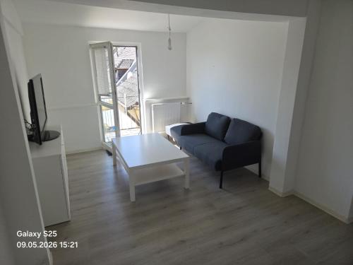 a living room with a couch and a table at Malamin Ludwigshafen in Ludwigshafen am Rhein