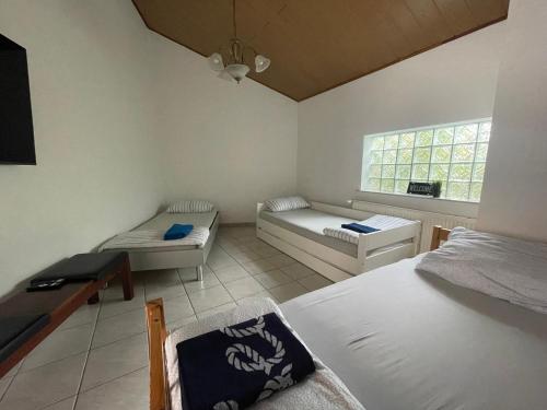 a room with two beds and a couch and a window at Gemütliche Wohnung mit WLAN, TV und Parkplatz in Groß-Umstadt