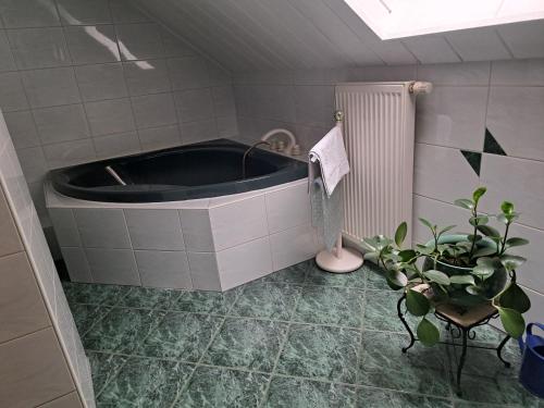 a bath tub in a bathroom with a potted plant at Blick zum See in Laasow