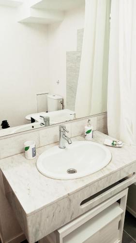 a bathroom counter with a sink and a mirror at Appartement T1 et petite terrasse in Artiguelouve