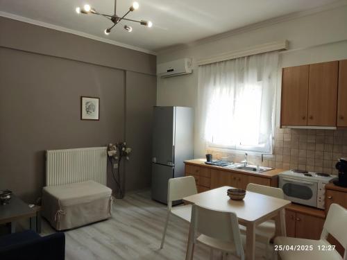 una cucina con frigorifero, tavolo e sedie di Morfi a Città di Lefkada