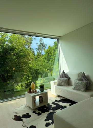 a living room with a couch and a large window at Ednas Place - Tranquilidade e Natureza in Caminha