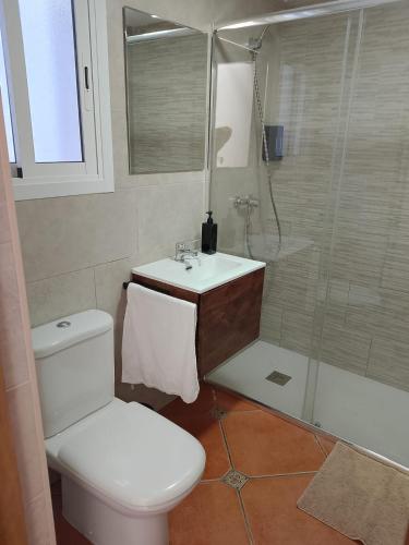 a bathroom with a toilet and a sink and a shower at Casa La Piedra in Constantina