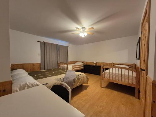 a bedroom with two beds and a ceiling fan at Le Cormoran in Sainte Brigitte de Laval
