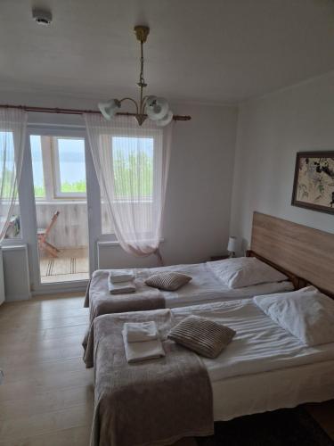 a bedroom with two beds and a large window at Vijuandra in Zarasai