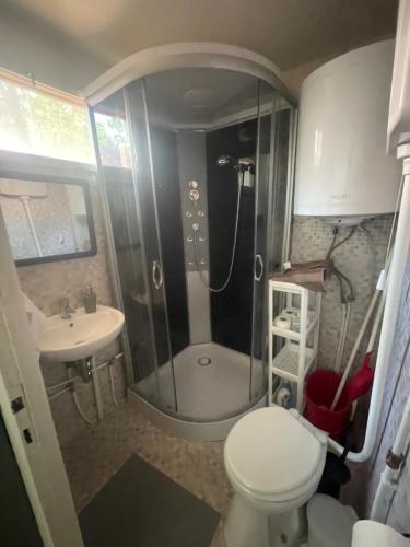 a bathroom with a shower and a toilet and a sink at Mókus Pagony 2pont0 in Zánka