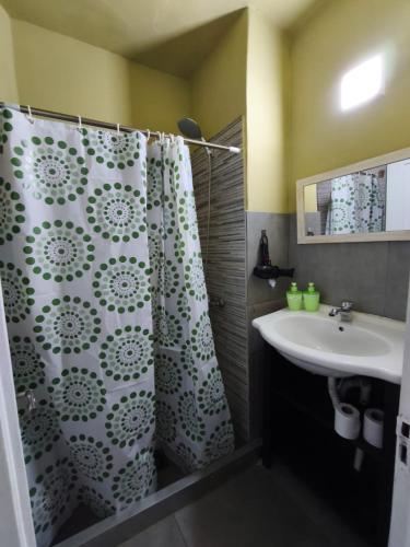 a bathroom with a shower curtain and a sink at Libertador 2 in Montevideo