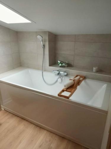 a bathroom with a bath tub with a shower at Ma Bulle Confort in Pouzauges
