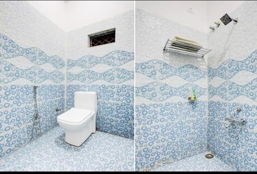 two pictures of a bathroom with a toilet in it at Ayushmaan Hotel - near Jabalpur Railway Station in Jabalpur