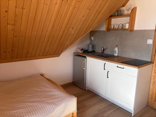 a small kitchen with a sink and a bed in a room at Rumcajsówka in Ząb