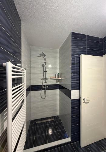 a bathroom with a shower with black and white tiles at Apartman HODŽIĆ in Sarajevo