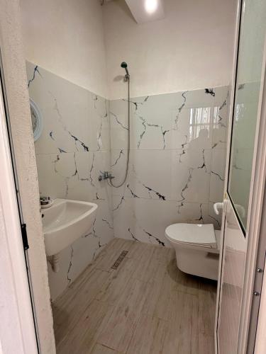 a bathroom with a sink and a toilet at Mert Jacellari Guesthouse in Pogradec