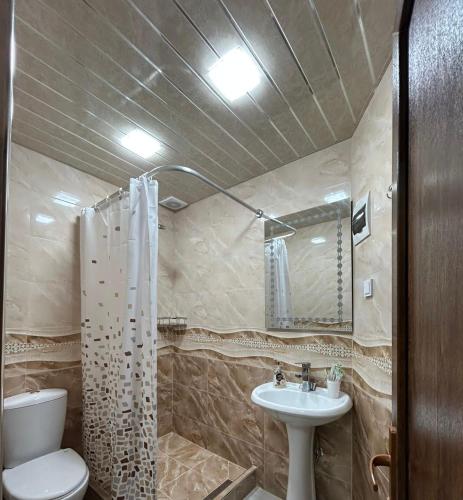 a bathroom with a toilet and a sink at Guest House MD 2 in Tatʼev