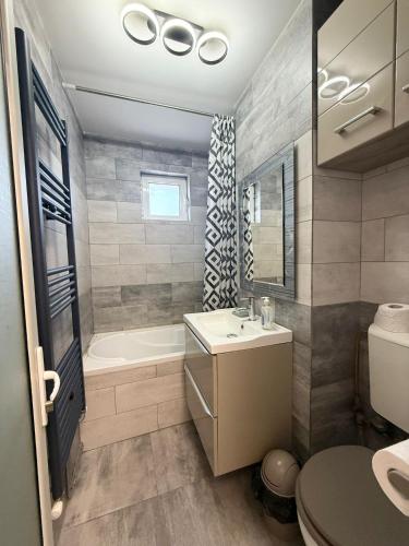 a bathroom with a tub and a sink and a toilet at Cozy Urban Apartment in Câmpulung