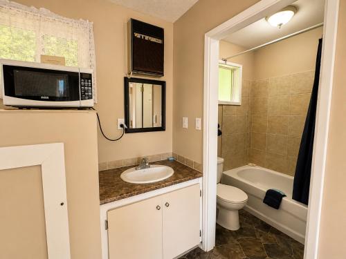 a bathroom with a sink and a toilet and a microwave at Overlander Motel in Chase