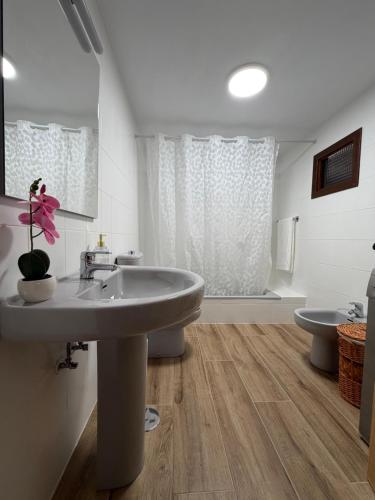 a bathroom with a sink and two toilets at Casa Mayucu in Celis