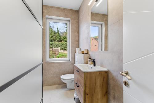 a bathroom with a toilet and a sink and a window at Panorama Apartments an der Seilbahn unterhalb der Albrechtsburg - Parkplatz und Wi-Fi - FREE in Meißen