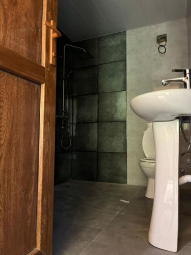 a bathroom with a sink and a toilet at Babitouli-3 in Niabauri