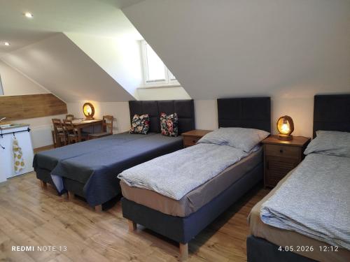a bedroom with two beds and a table and chairs at Agroturystyka u Marii in Komańcza