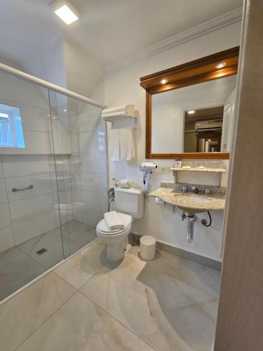 a bathroom with a toilet and a shower and a mirror at Pousada Villaggio Itália in Campos do Jordão